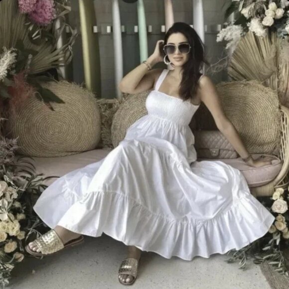 Zara Voluminous Cotton Poplin Maxi Dress NWT Smocked White Size Medium - Picture 3 of 9
